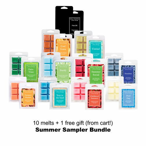 A collection of various scented wax melts, each in their own packaging, with labels indicating different scent names such as 'Farmer’s Market', 'Toes in the Sand', 'Childhood Summers', and others, suggesting a summer theme for the scents.